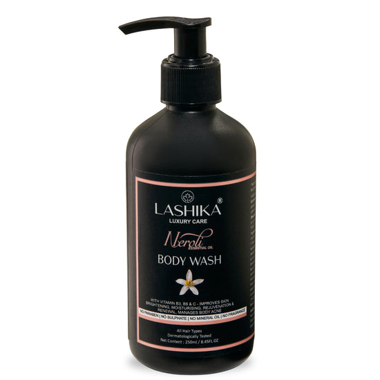 Lashika Neroli Body Wash with Vitamins B3, B5 & C for glowing, moisturized skin and body acne control.