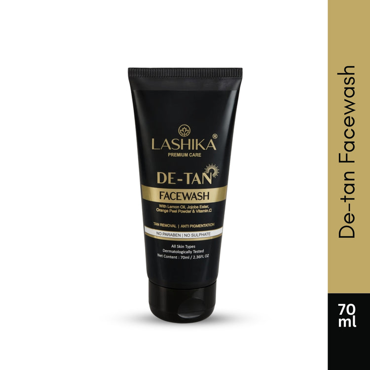 Lashika De-Tan Facewash 70ml – Enriched with Vitamin C, Mulberry Extract, and Niacinamide for tan removal and skin brightening.