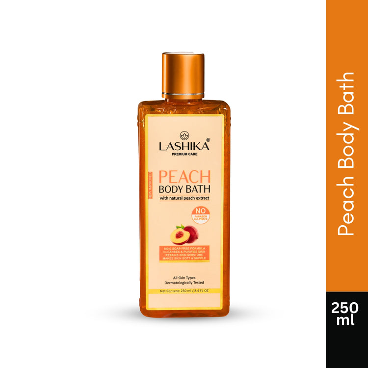 Lashika Peach Body Bath 250 ml cleanses, reduces blemishes, removes tan, and deeply moisturizes for soft, glowing skin.