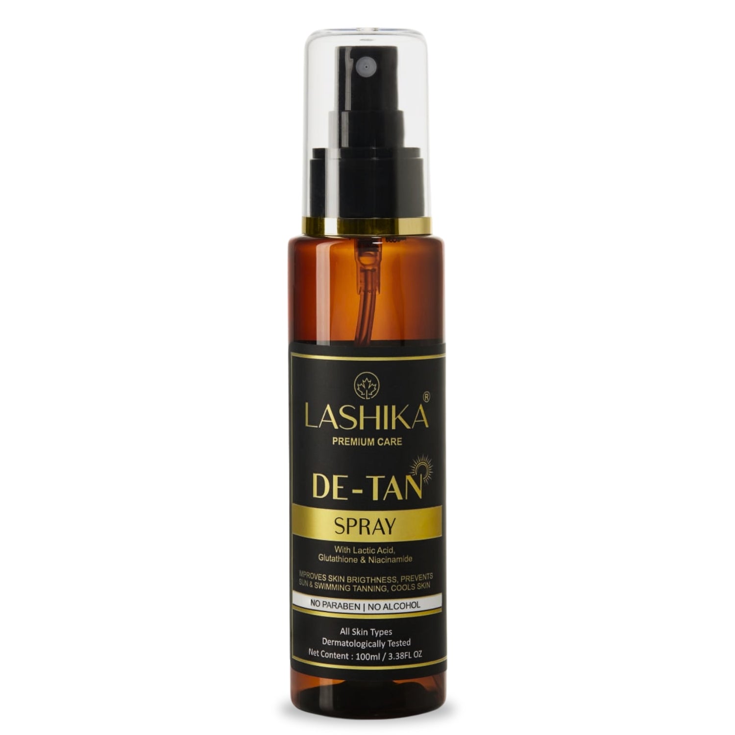 Lashika De-Tan Spray with Lactic Acid, Glutathione & Niacinamide for bright, soothed, and tan-free skin care.