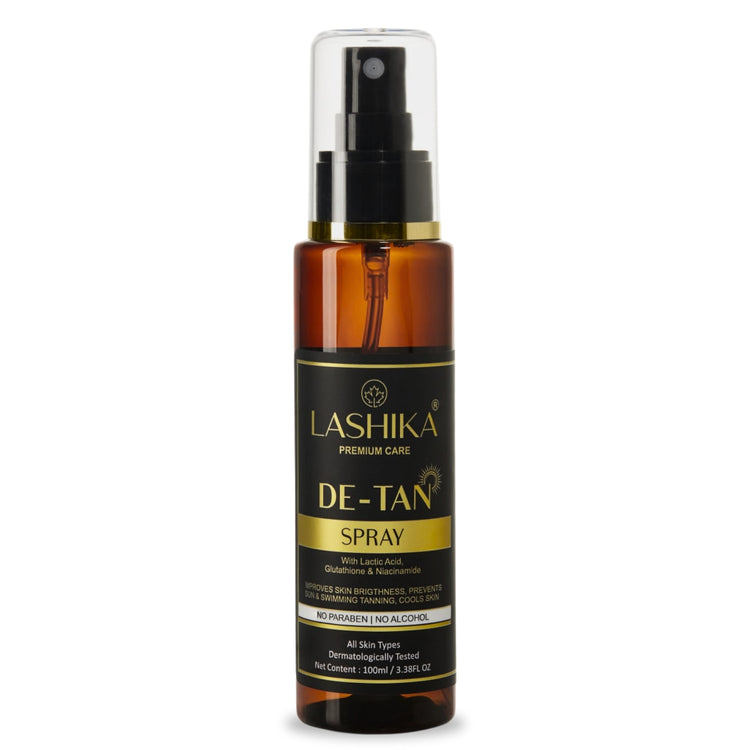 Lashika De-Tan Spray with Lactic Acid, Glutathione & Niacinamide for bright, soothed, and tan-free skin care.