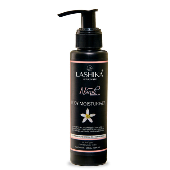 Lashika Neroli Body Moisturiser with peptides, ceramides & aloe vera for deep hydration & improved skin barrier.
