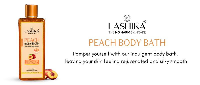 Lashika Peach Body Bath with natural peach extract for soft, supple, and rejuvenated skin – soap-free, all skin types