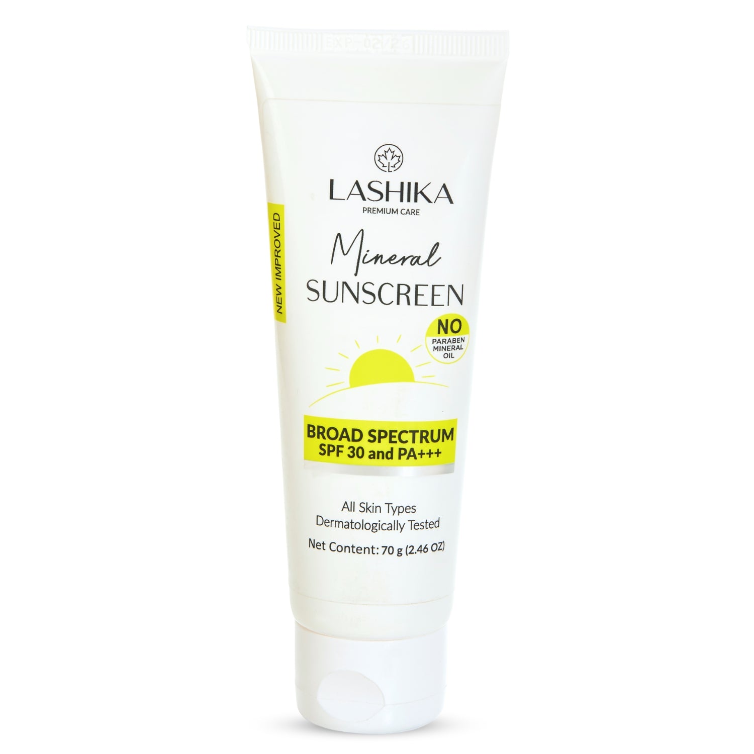 Lashika Mineral Sunscreen SPF 30 PA+++ for all skin types, broad-spectrum, paraben-free, dermatologically tested.