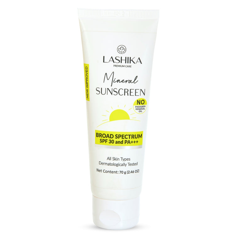 Lashika Mineral Sunscreen SPF 30 PA+++ for all skin types, broad-spectrum, paraben-free, dermatologically tested.