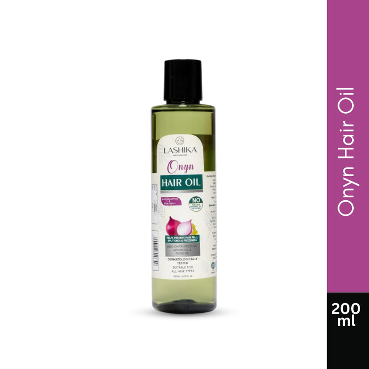 Lashika Onyn Hair Oil (200ml) infused with onion , designed to promote hair health, reduce hair fall, and enhance vitality.