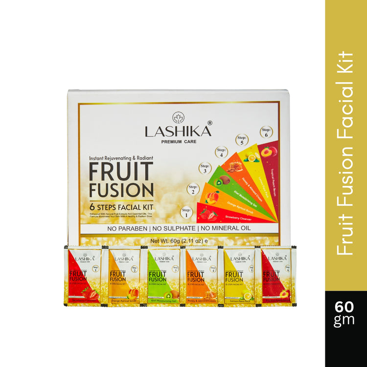 Lashika Fruit Fusion Facial Kit – 60gm pack for a complete six-step fruit-based skincare routine for radiant and nourished skin.