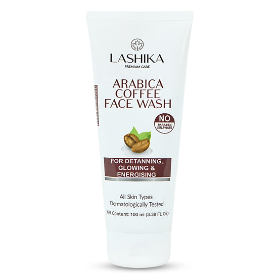 Lashika Arabica Coffee Face Wash for detanning, glowing, and energizing skin—suitable for all skin types, 100ml.
