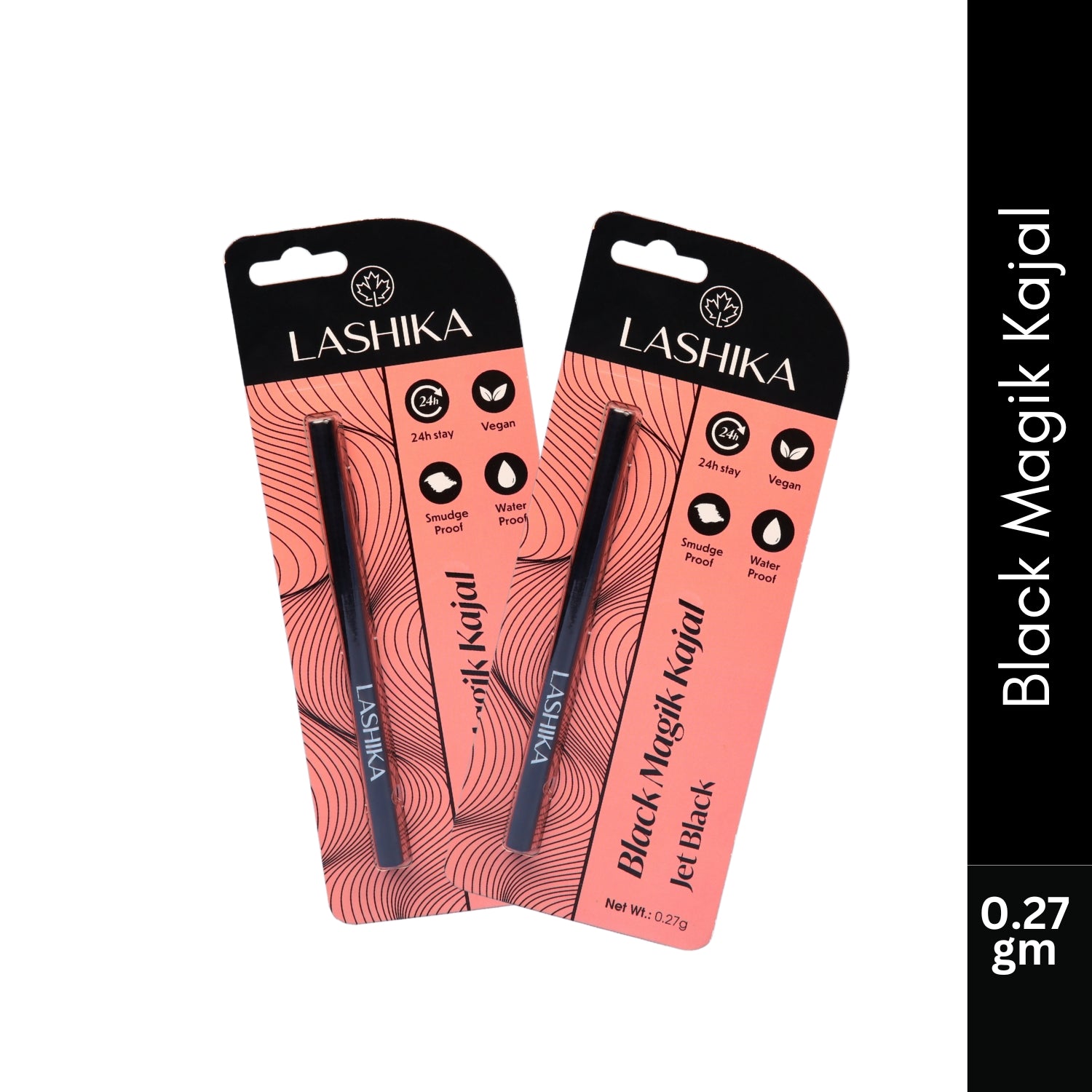 Two packs of Lashika Black Magik Kajal in jet black shade, featuring 24-hour stay, vegan, smudge-proof, and waterproof properties, with a net weight of 0.27 gm.