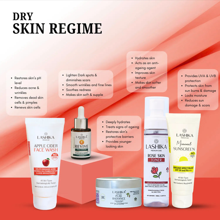 Lashika Dry Skin Regime: A comprehensive skincare routine for dry skin, featuring Apple Cider Face Wash, Revive Face Serum, Pure Radiance Face Cream, Rose Skin Toner, and Mineral Sunscreen. This regimen helps hydrate, soothe, and protect dry skin.