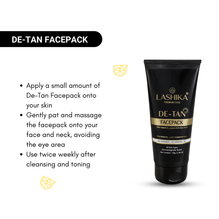  Lashika De-Tan Facepack – Infused with Lactic Acid, Niacinamide, and Aloe Vera to remove tan, brighten skin, and enhance smoothness.