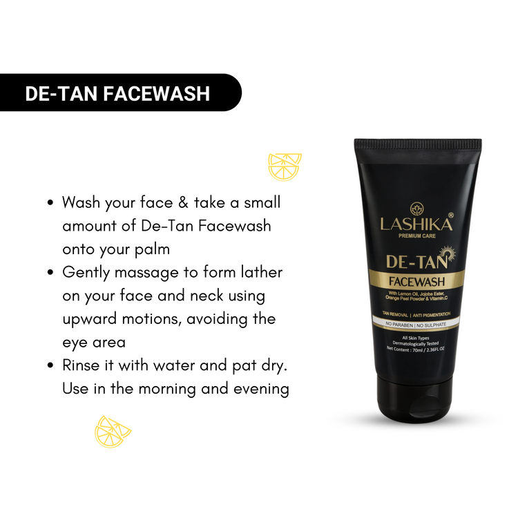 Lashika De-Tan Facewash – Enriched with Vitamin C, Orange Peel Powder, and Niacinamide to remove tan, cleanse deeply, and brighten skin.