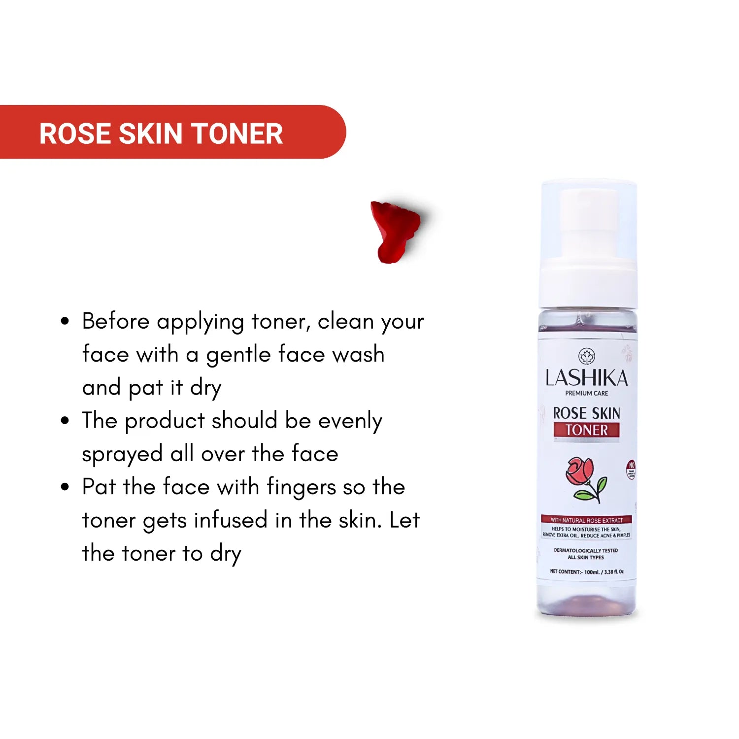 Lashika Rose Skin Toner: A hydrating and refreshing toner with natural rose extract. The image includes usage instructions: clean face, spray toner evenly, and pat skin to absorb.