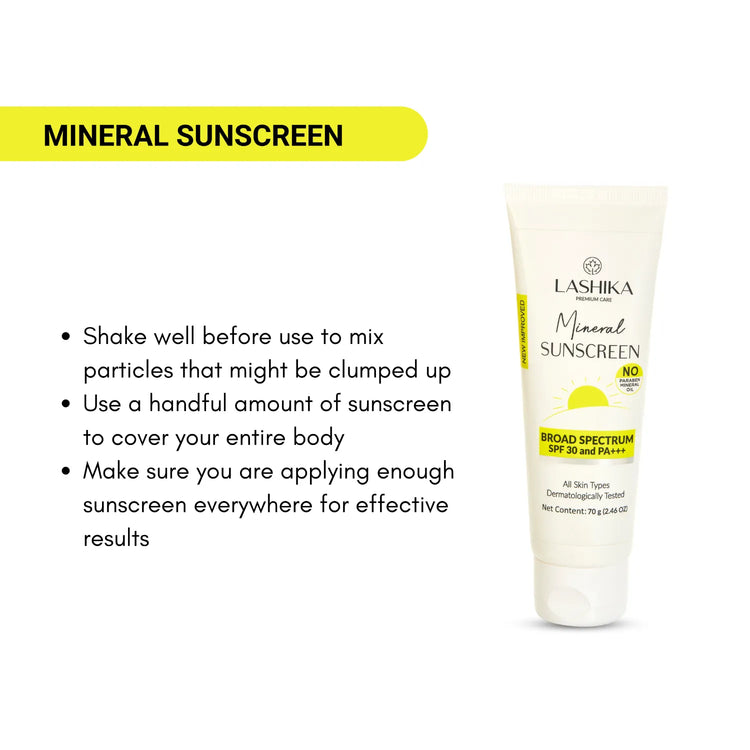 Lashika Mineral Sunscreen: A broad-spectrum sunscreen with SPF 30 and PA+++ that provides UVA and UVB protection. The image includes usage instructions: shake well, use a handful amount, and apply evenly to ensure effective coverage.