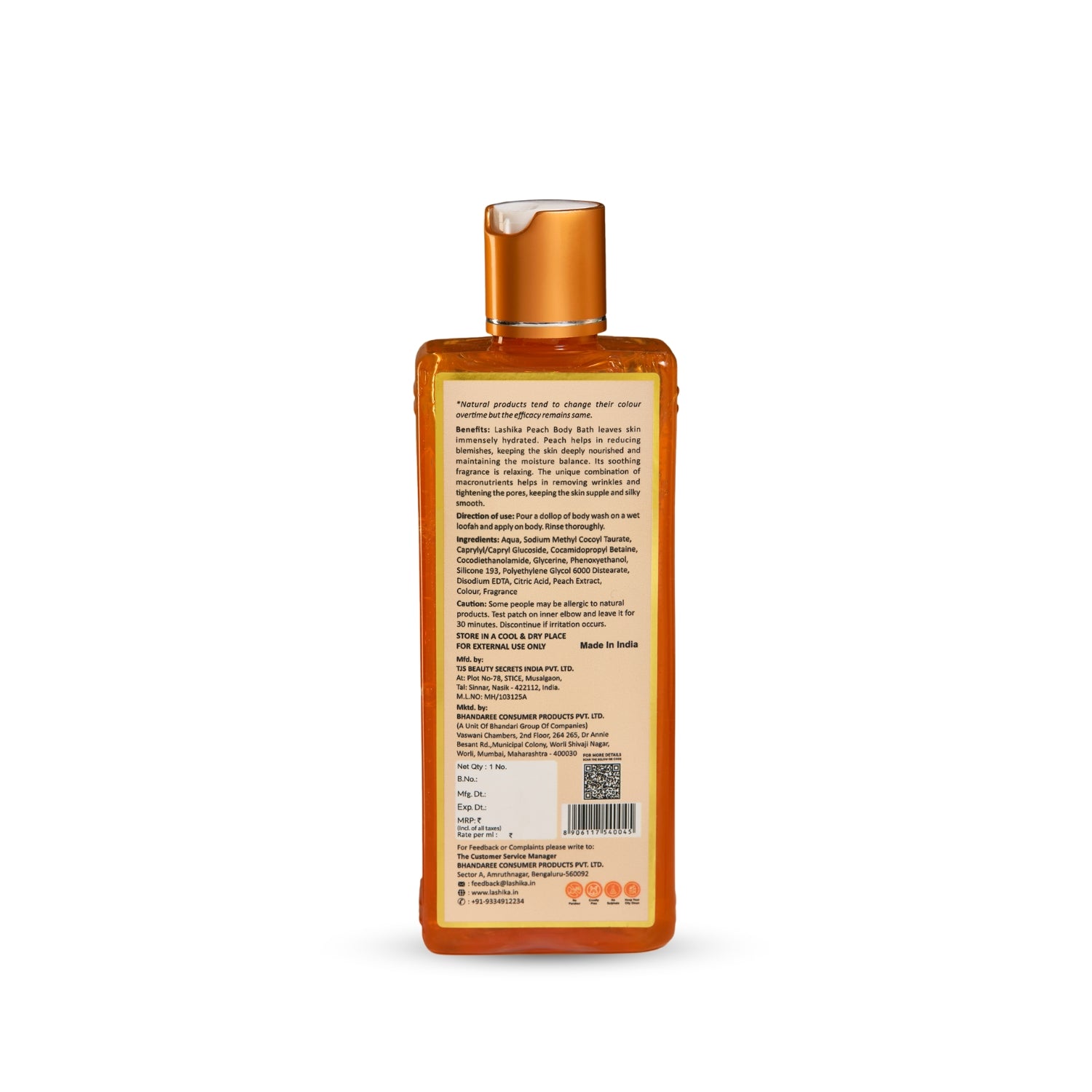 Lashika Peach Body Bath with peach extract and glycerine gently cleanses, hydrates, and revitalizes for refreshed skin.