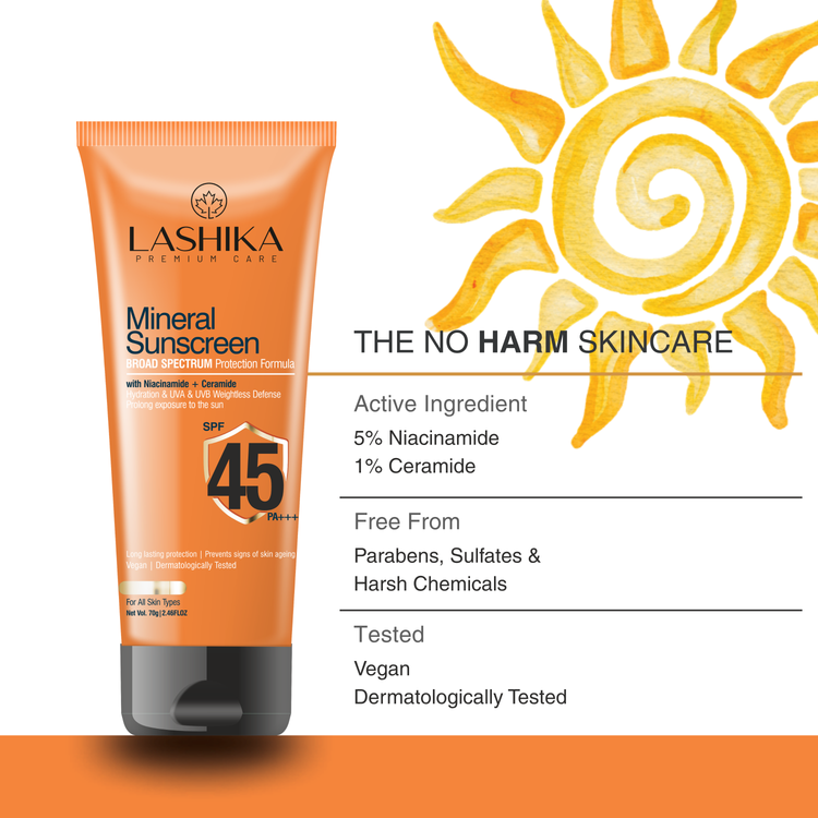 Lashika mineral sunscreen tube with sun illustration and product details on a white background