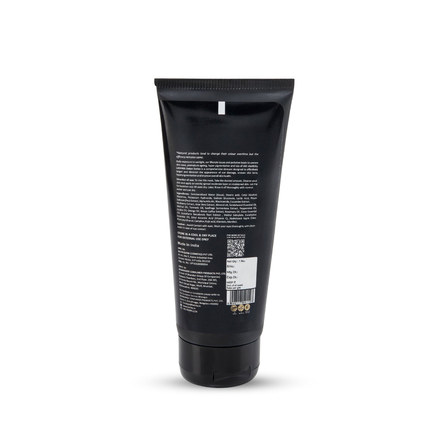 Back view of Lashika De-Tan Facepack 70g – ingredients and usage details.
