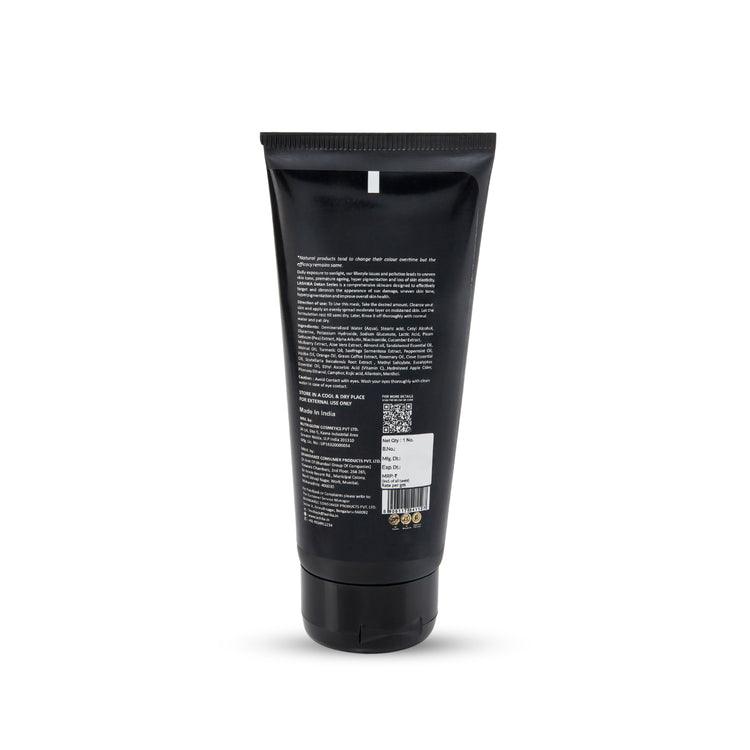 Back view of Lashika De-Tan Facepack 70g – ingredients and usage details.
