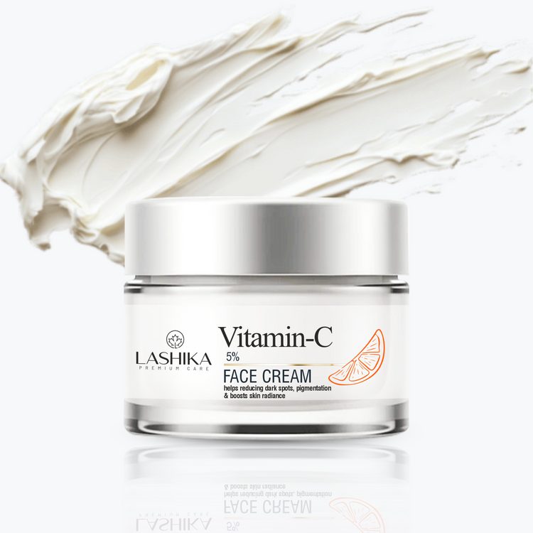 Lashika Vitamin-C face cream jar with cream swatch on a white background