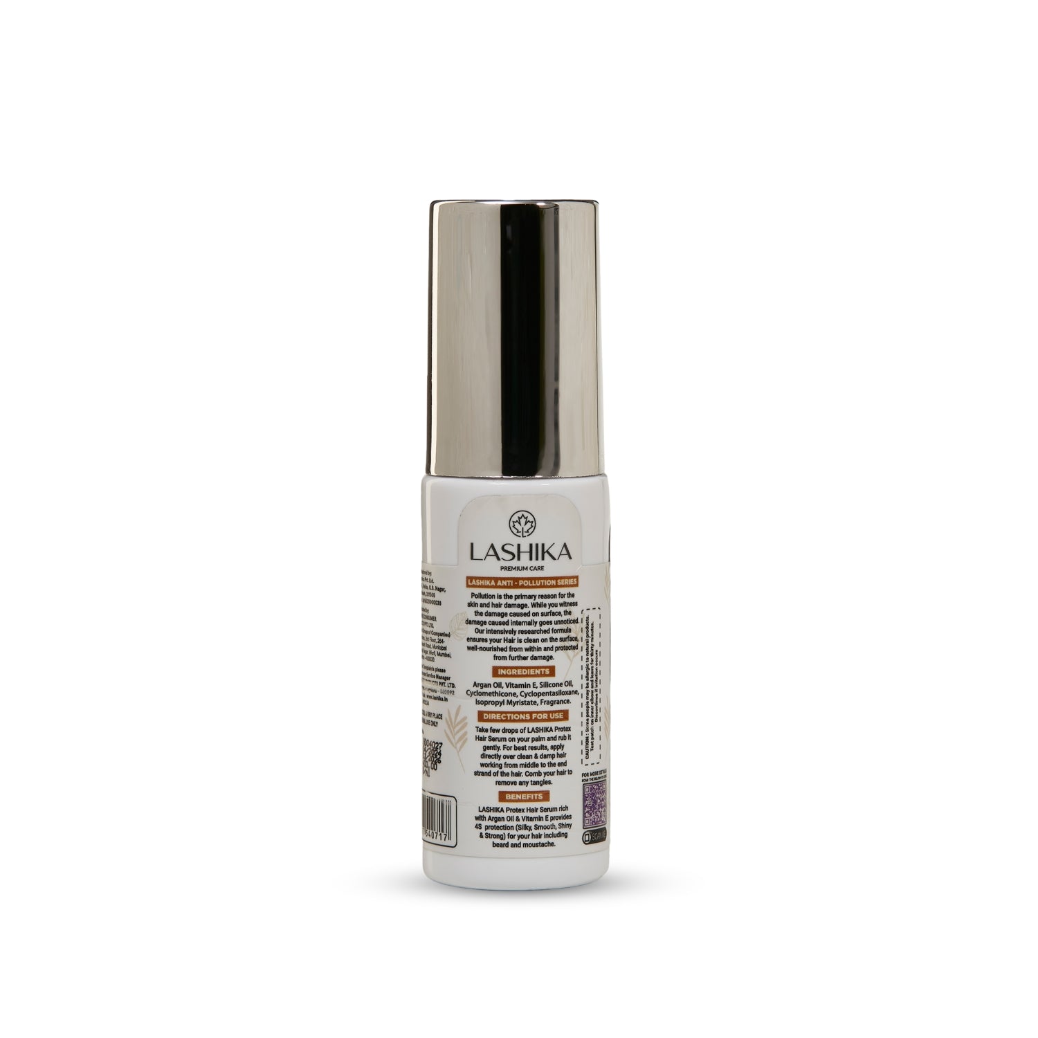 Back view of Lashika Protex Hair Serum 50ml bottle, displaying product details and usage instructions.