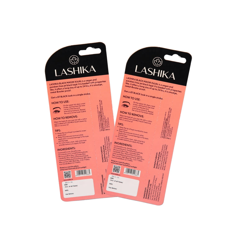 Ingredients listed on the back of the packaging for Lashika Black Magik Kajal.