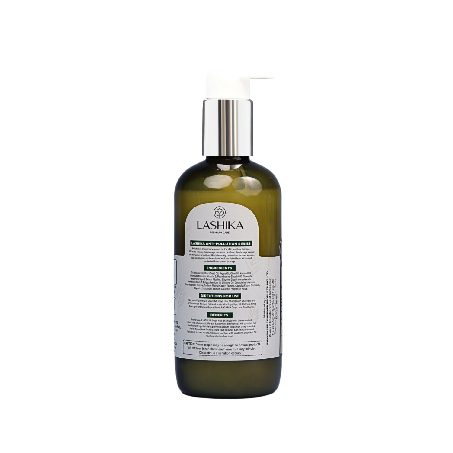 Back label of Lashika Onyn shampoo bottle showcasing product details.