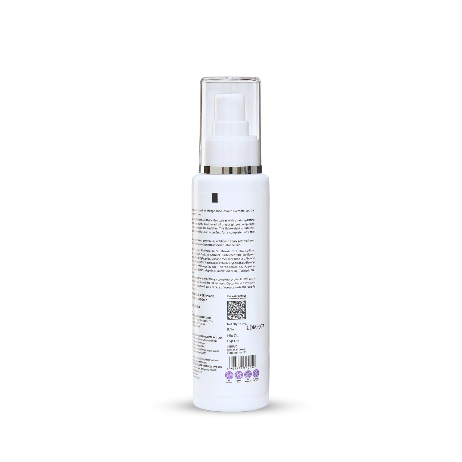 Back view of Lashika Lumiara Saffron & Vitamin E Moisturiser – 100ml, displaying product details, ingredients, and usage instructions.