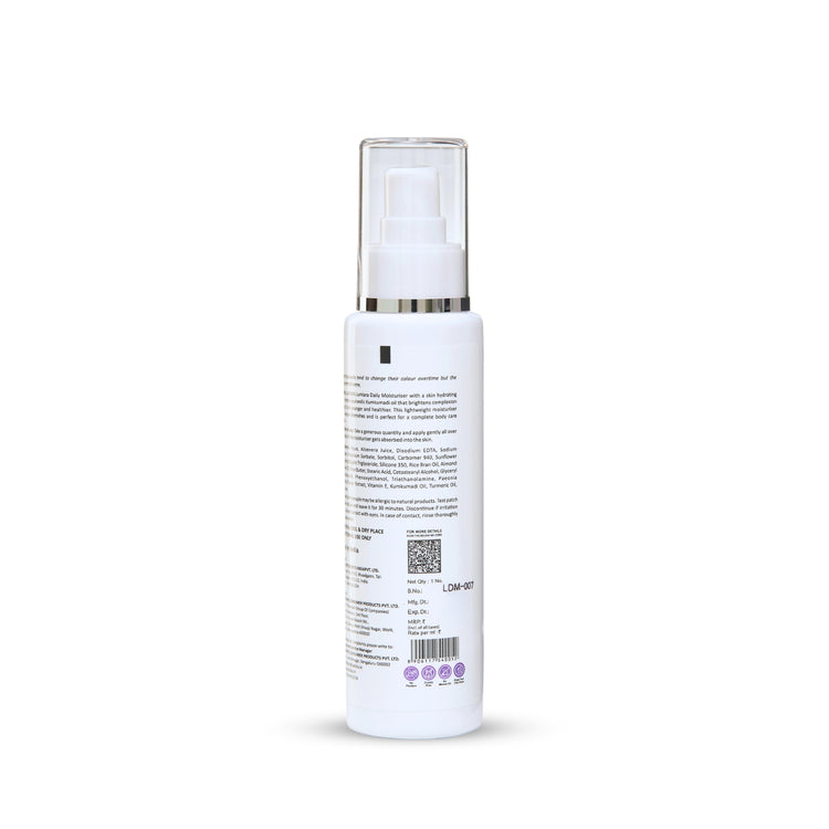Back view of Lashika Lumiara Saffron & Vitamin E Moisturiser – 100ml, displaying product details, ingredients, and usage instructions.