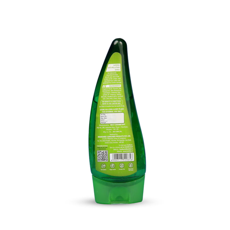 Back view of Lashika Aloe Gel for Hair & Skin | Product details and ingredients displayed.
