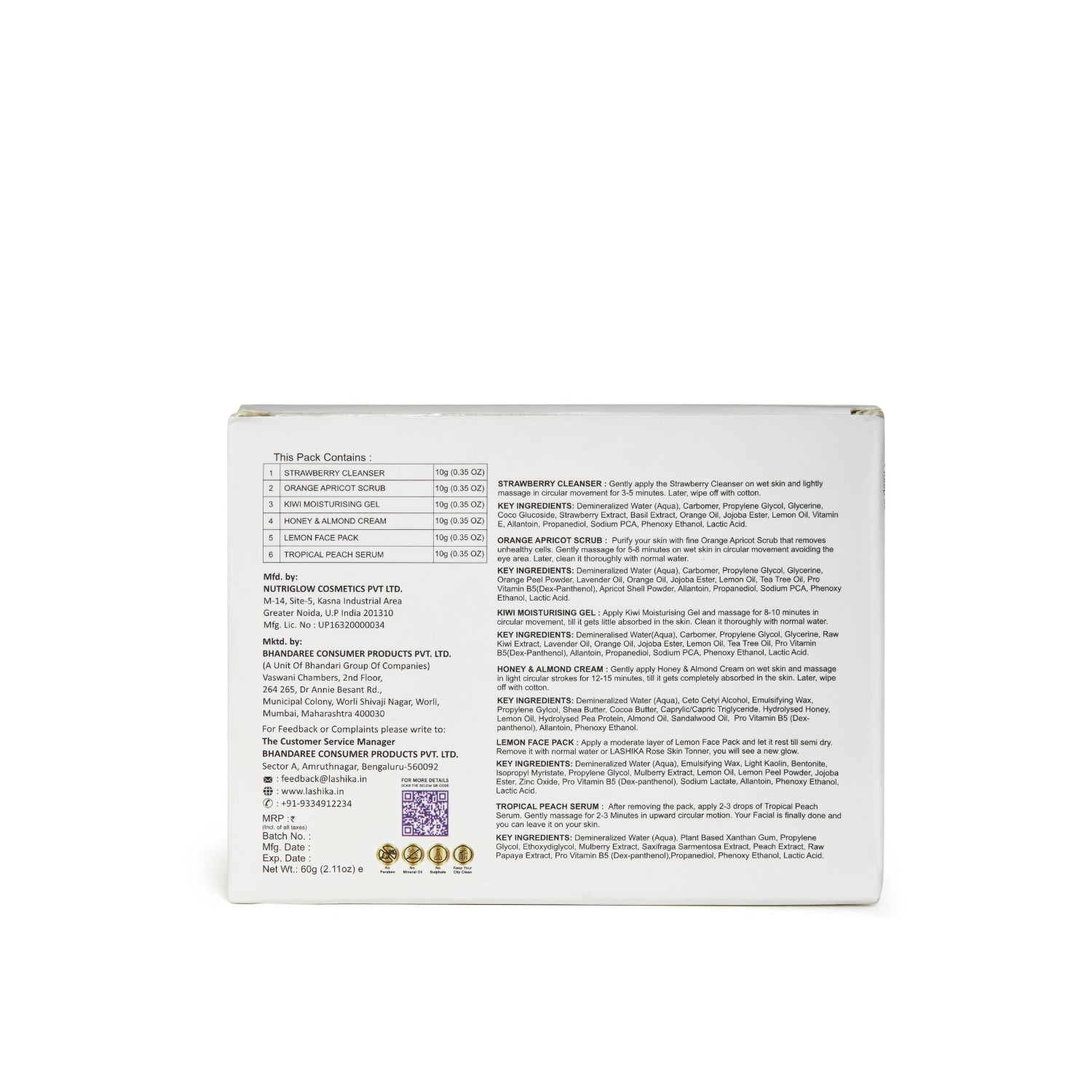 Back of Lashika Fruit Fusion Facial Kit box showing ingredients, usage, and product details