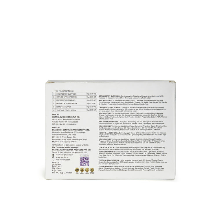 Back of Lashika Fruit Fusion Facial Kit box showing ingredients, usage, and product details