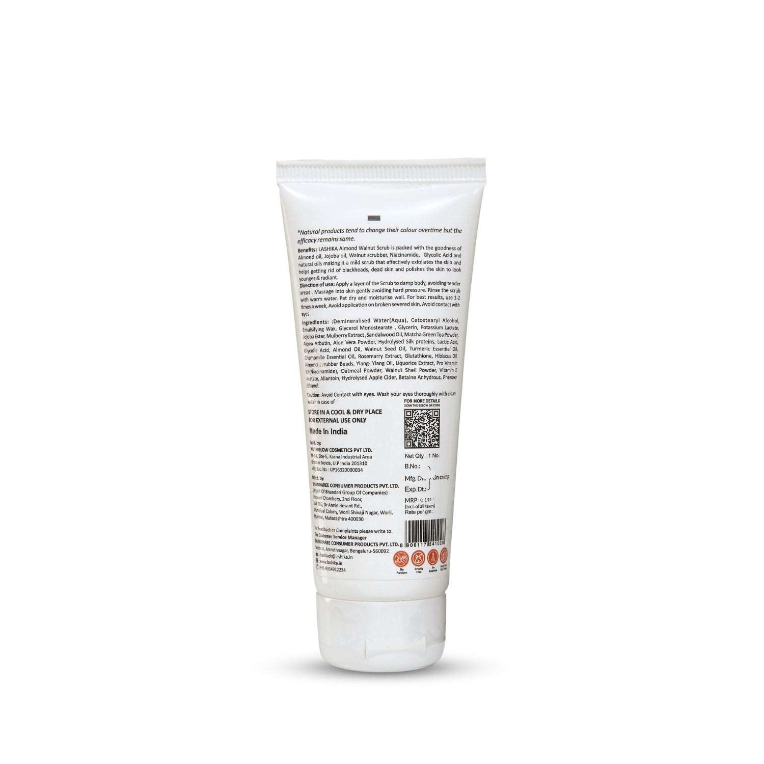 Back side of Lashika Almond Walnut Scrub Tube (70gm) displaying ingredients, directions for use, and manufacturing details.
