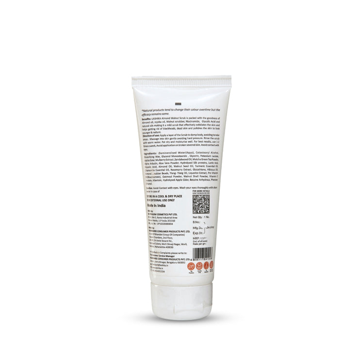 Back side of Lashika Almond Walnut Scrub Tube (70gm) displaying ingredients, directions for use, and manufacturing details.