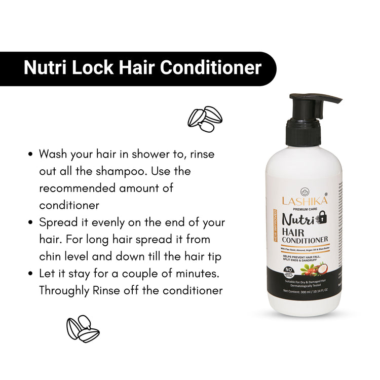 Lashika Nutri Lock Hair Conditioner, a nourishing conditioner for dry and damaged hair. The image includes usage instructions: wash hair, rinse shampoo, apply conditioner to ends of hair, leave for a few minutes, and rinse thoroughly.