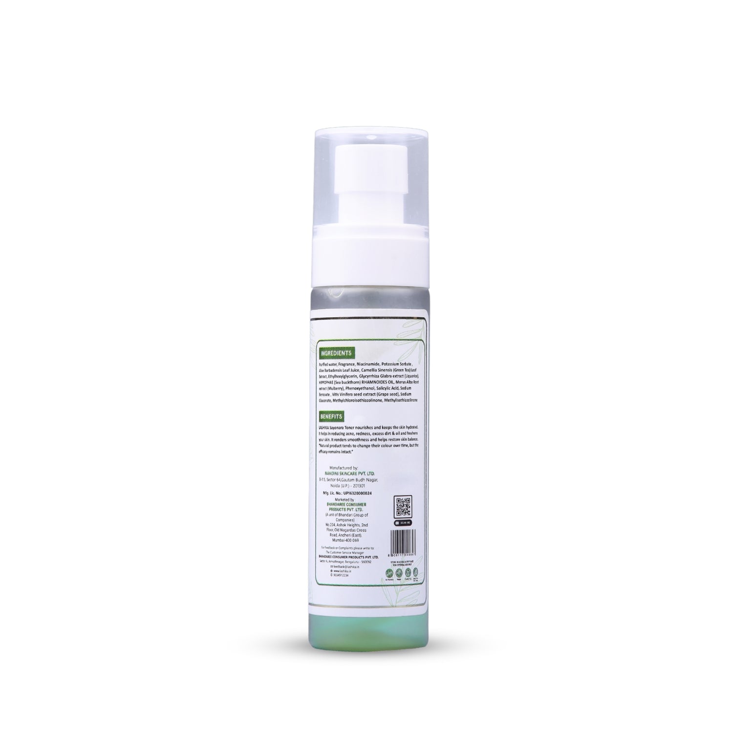 Back view of Lashika Sayonara Toner bottle with product details and ingredients.