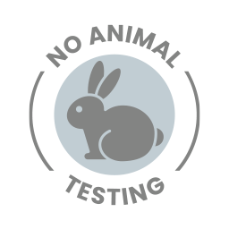 A grey circle with the text "NO ANIMAL TESTING" in white, surrounding a grey image of a rabbit. A symbol of cruelty free products.