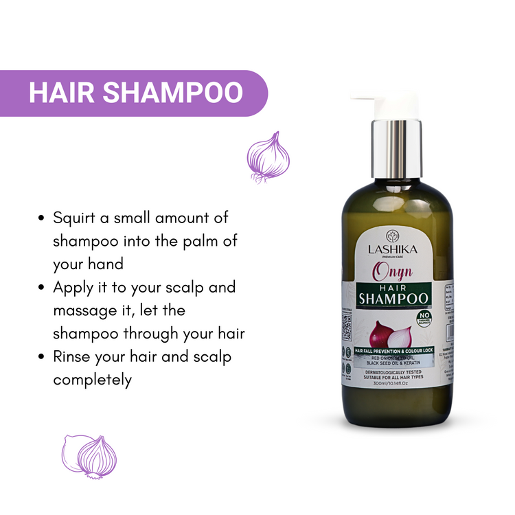 A black bottle of Lashika Onyn Hair Shampoo with a white pump. The bottle is placed on a white background with an illustration of an onion. The image also includes instructions on how to use the shampoo:

Squirt a small amount of shampoo into the palm of your hand.
Apply it to your scalp and massage it, let the shampoo through your hair.
Rinse your hair and scalp completely.
The product is dermatologically tested and suitable for all hair types.