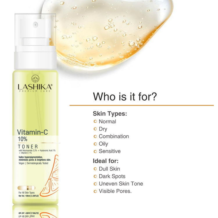 Lashika Vitamin-C 10% Toner bottle with product application on skin, labeled &