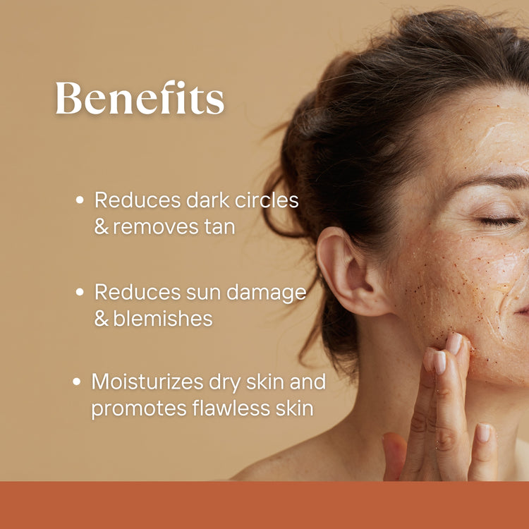 Image highlighting the benefits of Lashika Almond Walnut Scrub, including deep exfoliation, removal of dead skin cells, unclogging pores, improved skin texture, and a radiant glow.