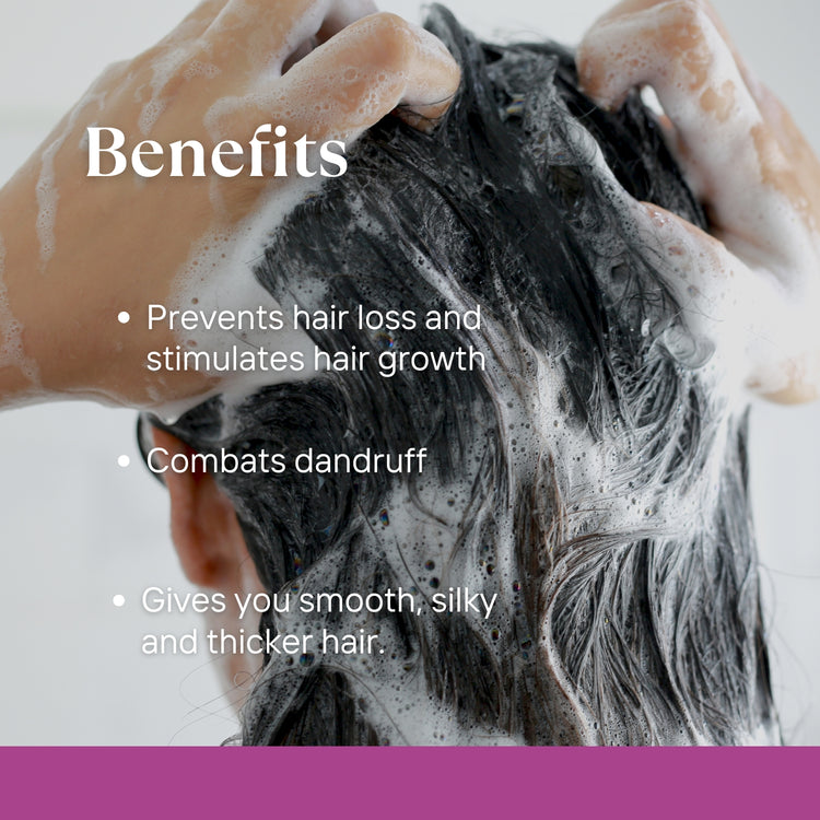 An informative graphic highlighting the benefits of using Onyn shampoo from Lashika for healthy hair care.