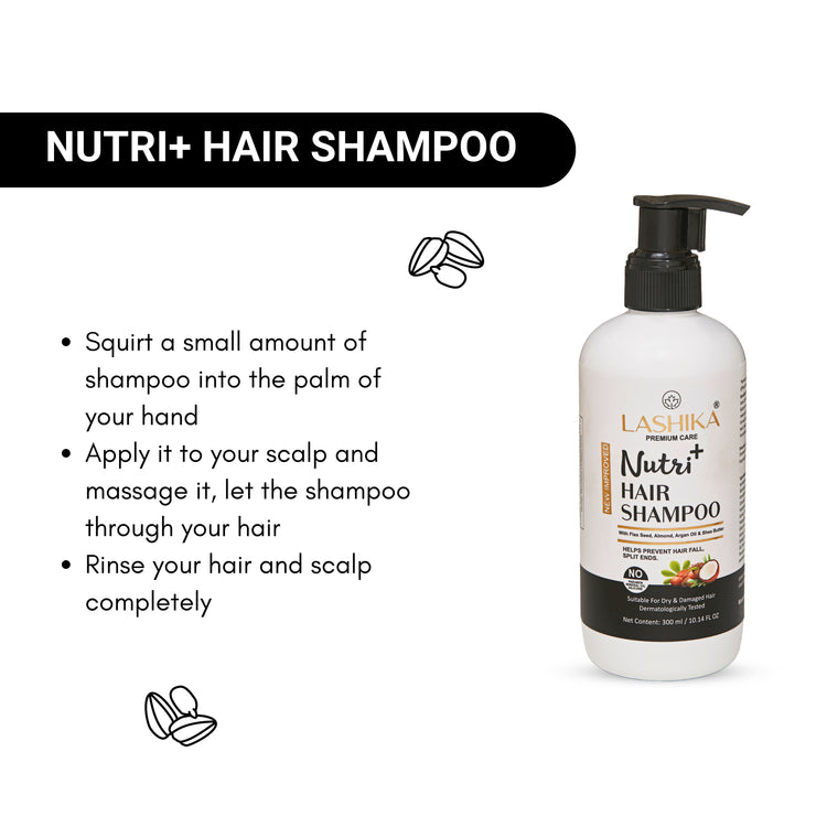 Lashika Nutri+ Hair Shampoo: A nourishing shampoo for dry and damaged hair, enriched with flaxseed oil, almond oil, argan oil, and shea butter. The image includes usage instructions: squirt shampoo into palm, apply to scalp and massage, let it through hair, rinse completely.