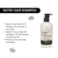 Lashika Nutri+ Hair Shampoo: A nourishing shampoo for dry and damaged hair, enriched with flaxseed oil, almond oil, argan oil, and shea butter. The image includes usage instructions: squirt shampoo into palm, apply to scalp and massage, let it through hair, rinse completely.