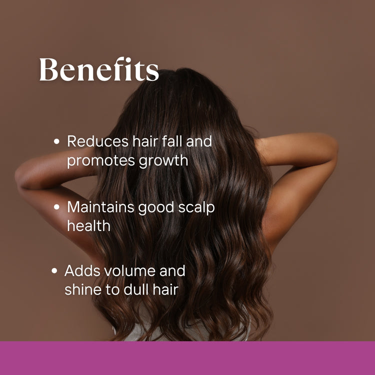 Image showcasing healthy, shiny hair in the background with key benefits of Lashika Onyn Hair Conditioner highlighted, such as nourishment, growth, and hair strengthening