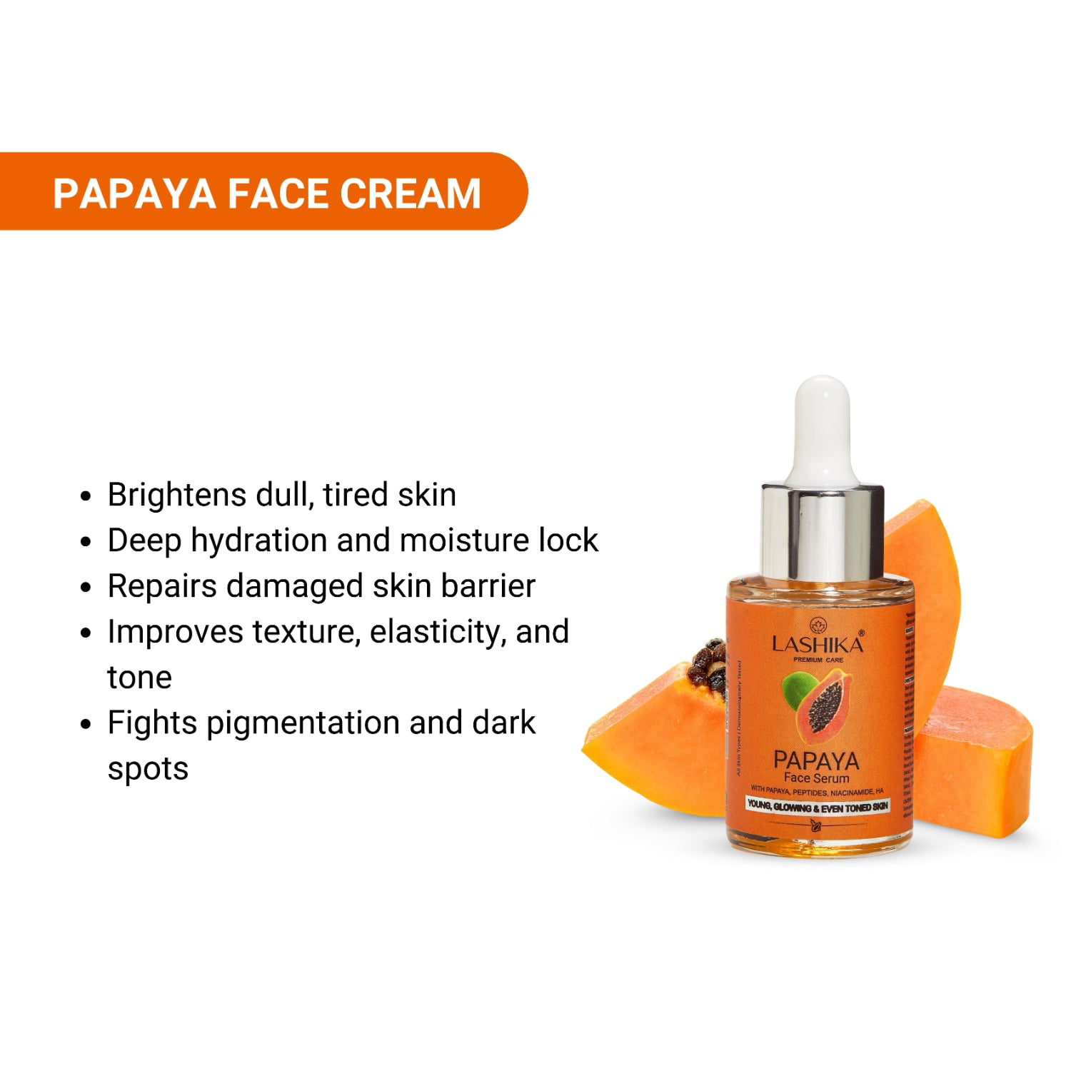 Papaya face cream bottle with ingredients and benefits listed on a white background