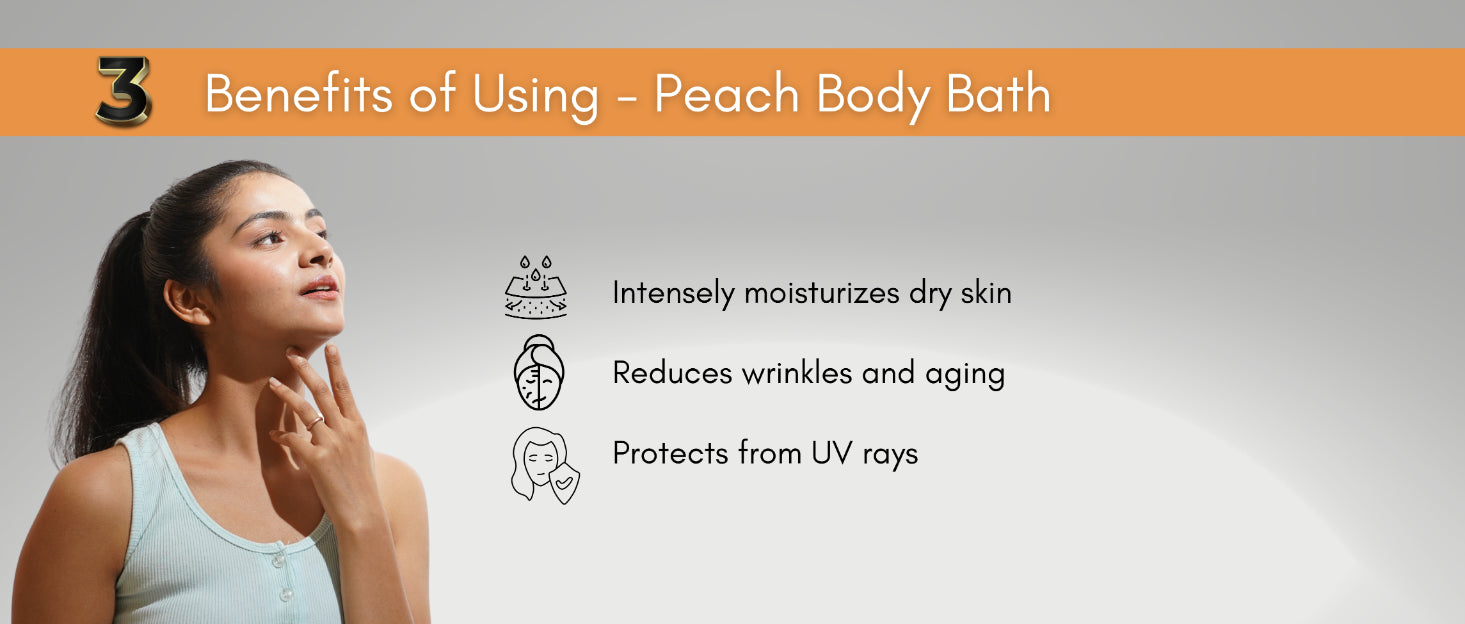 Lashika Peach Body Bath 250gm – Moisturizing body cleanser that reduces wrinkles, slows aging, and protects from UV rays.