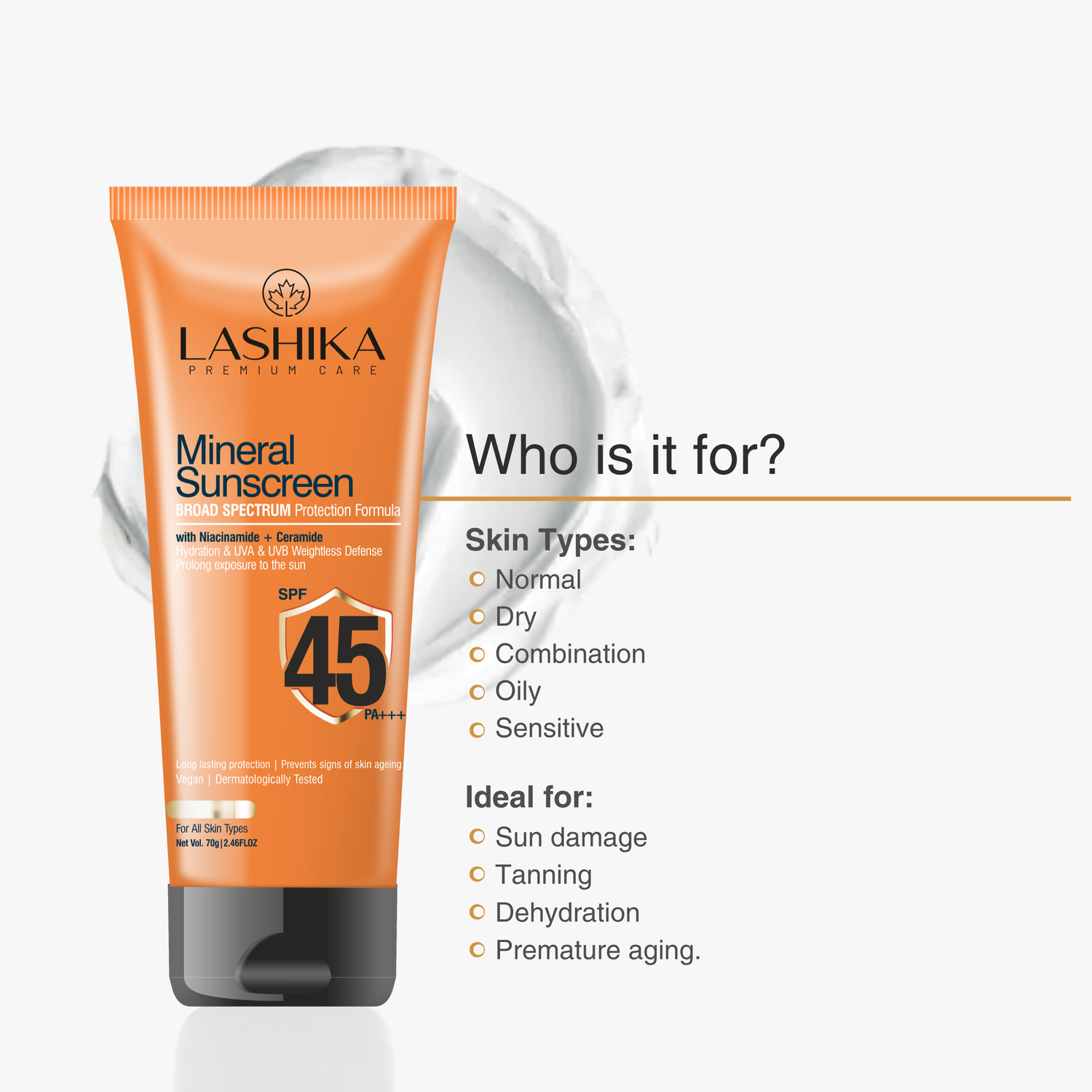 Lashika Mineral Sunscreen tube with SPF 45 on a white background