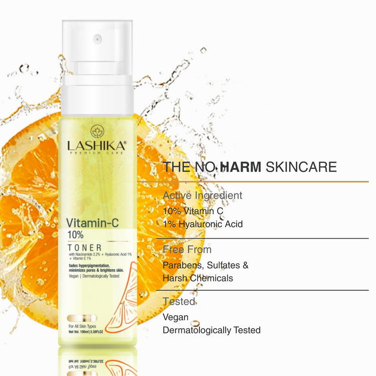 Lashika Vitamin-C 10% Toner bottle with orange slices and water splash on a white background