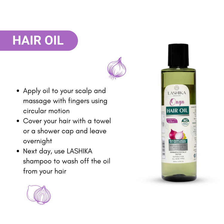 A black bottle of Lashika Onyn Hair Oil with a black cap. The bottle is placed on a white background with an illustration of an onion. The image also includes instructions on how to use the product:

Apply oil to the scalp and massage with fingers using circular motions.
Cover the hair with a towel or shower cap and leave it overnight.
Wash the oil out of the hair using Lashika shampoo the next day.
The product is dermatologically tested and suitable for all hair types.
