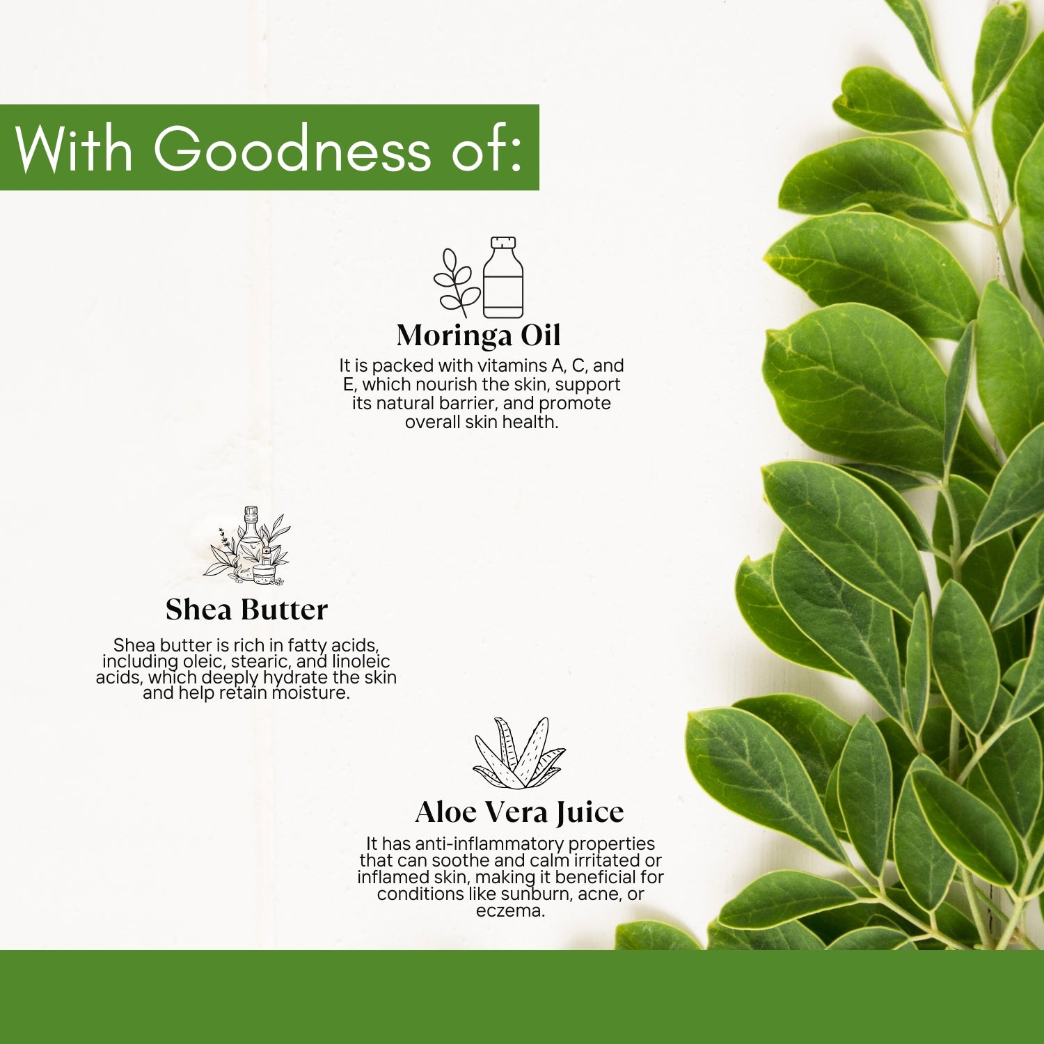 With the goodness of Moringa Oil, Shea Butter, Folic Acid Extract, Aloe Vera Juice, Almond Oil, and Olive Oil for deeply nourished and radiant skin.