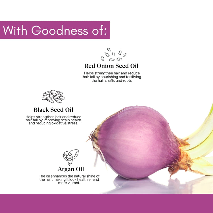 An onion representing goodness, featured alongside Onyn shampoo by Lashika, emphasizing natural beauty and care.